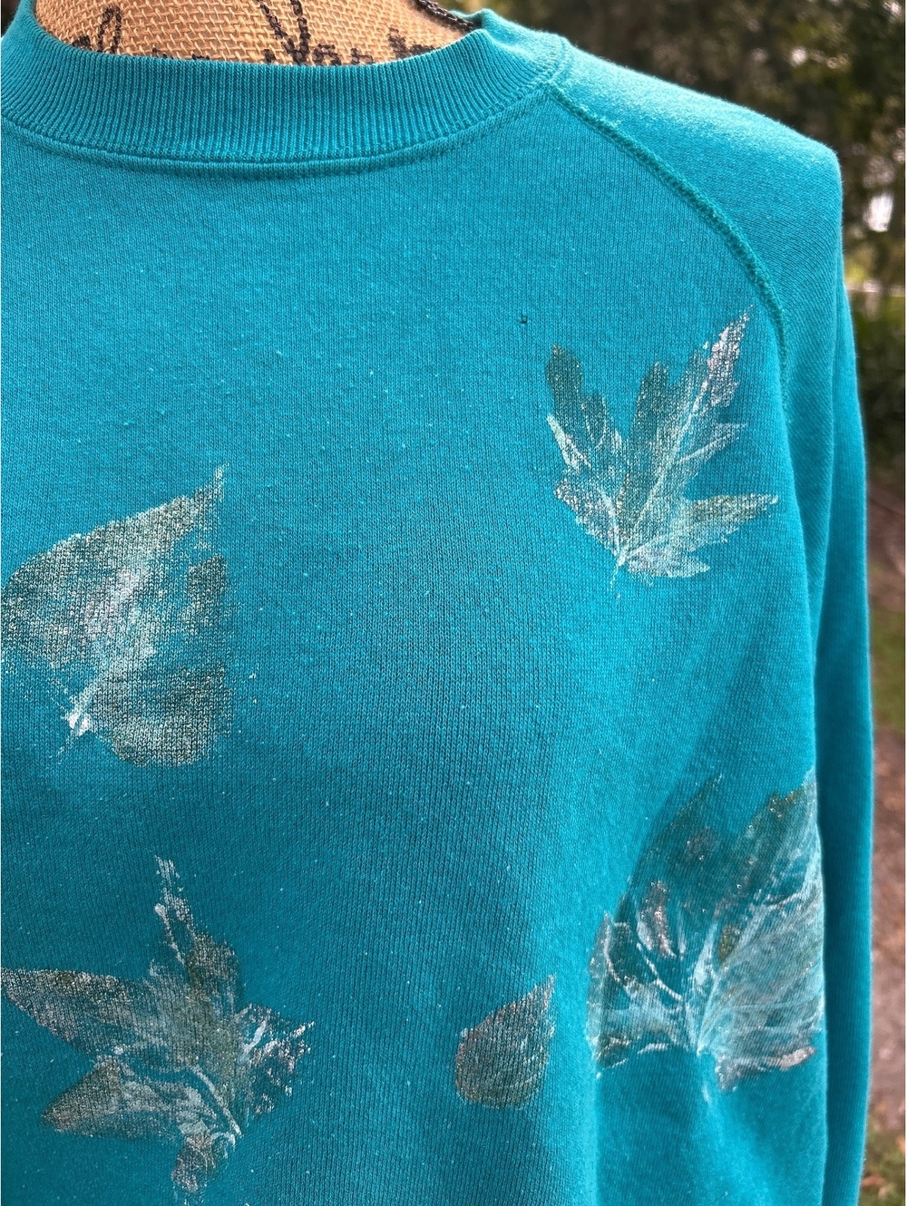 Teal Pullover Sweatshirt with Silver Leaf Print